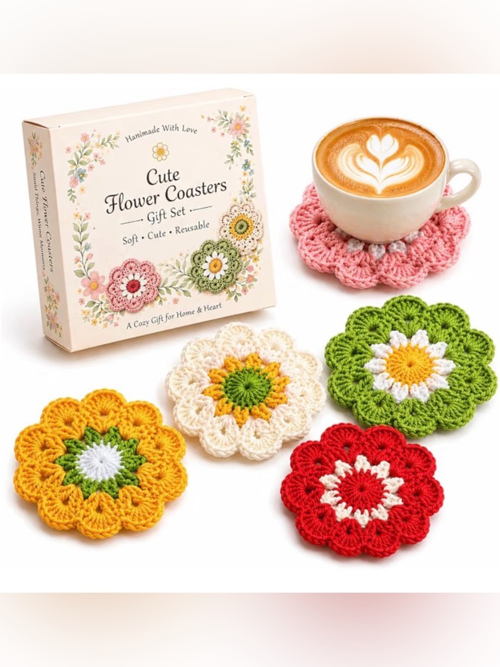 Cute Flower Crochet Coasters Set - Multicolor